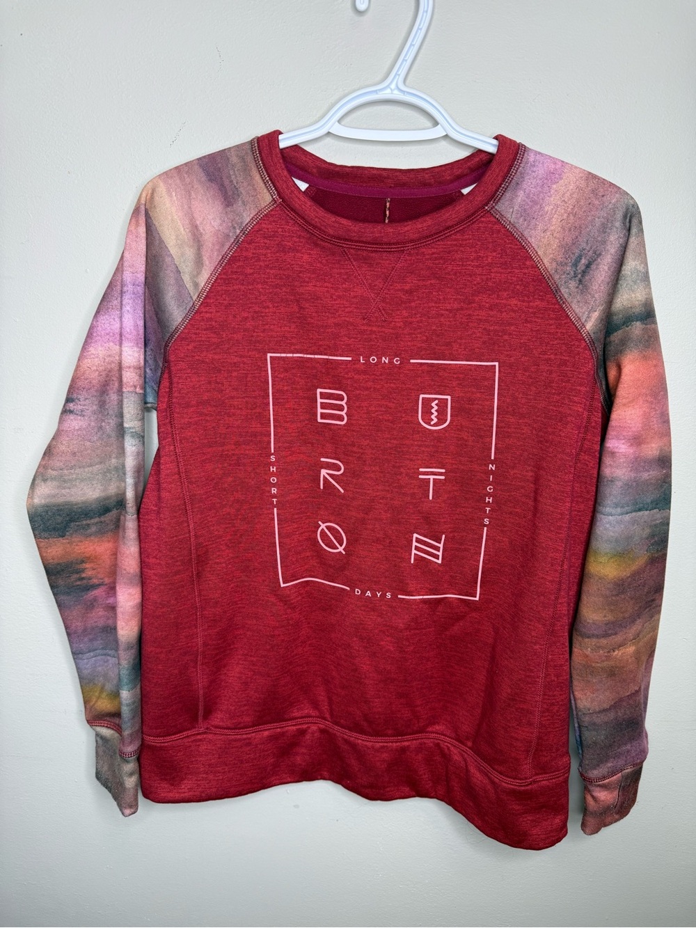 Burton Women's Red Crewneck Sweatshirt with Multicolor Printed Sleeves XS